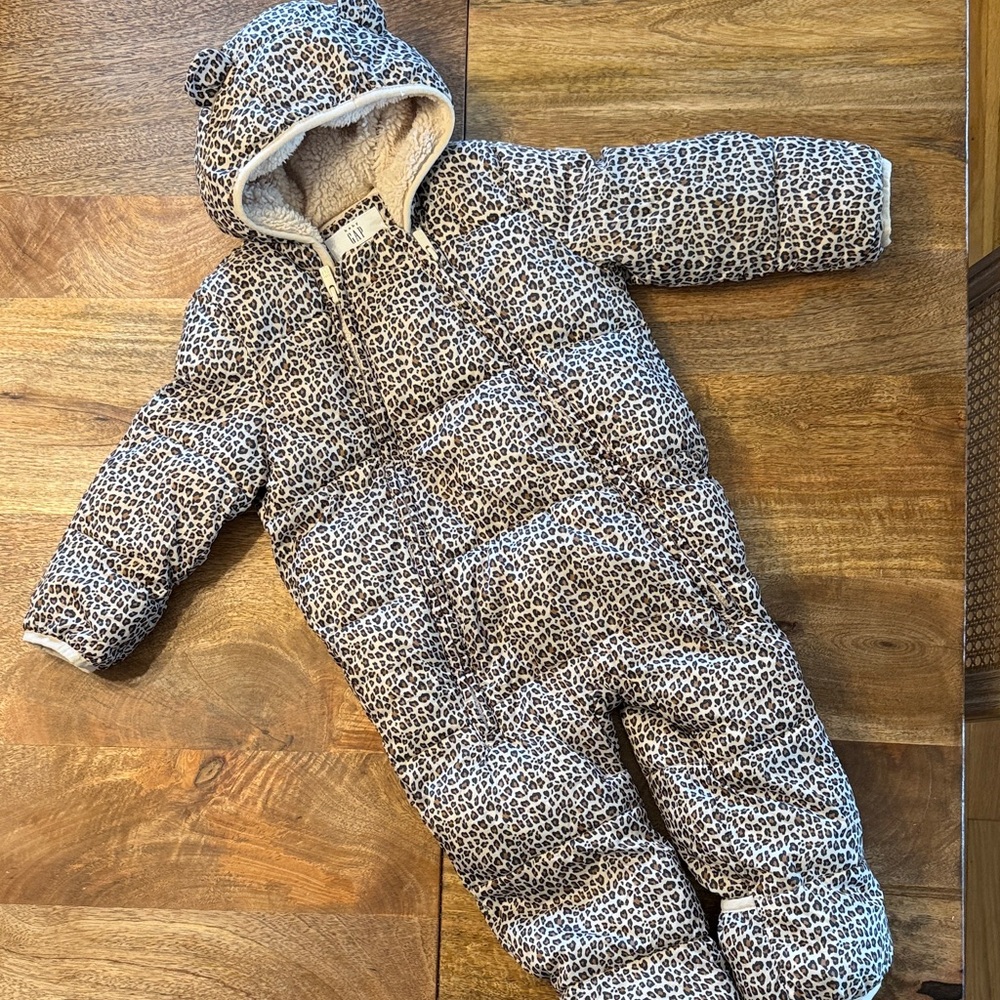 GAP Leopard Print Hooded Snowsuit - Cream and Brown